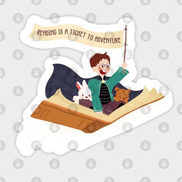 Reading is a ticket to adventure, book lover,   book reading,   reading day, Sticker by laverdeden